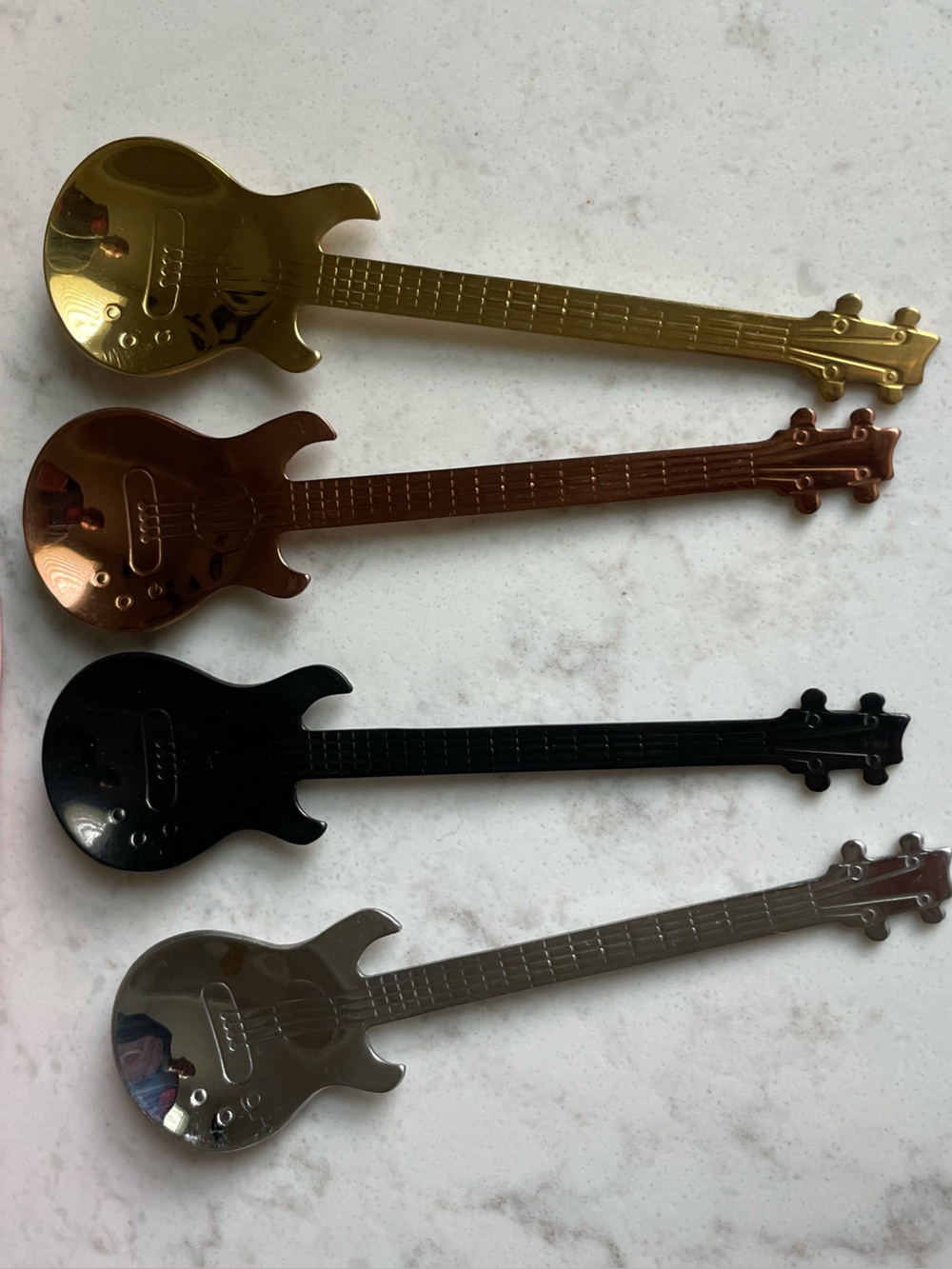 Set of 4 Guitar-Shaped Metal coffee or Stir Spoons - Silver, Black, Copper, Gold